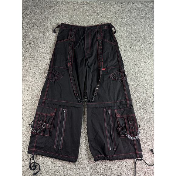 Tripp NYC X-Strap Pants Mens L Black Red Chains Wide Leg Zip Off Gothic Raver - Picture 1 of 16